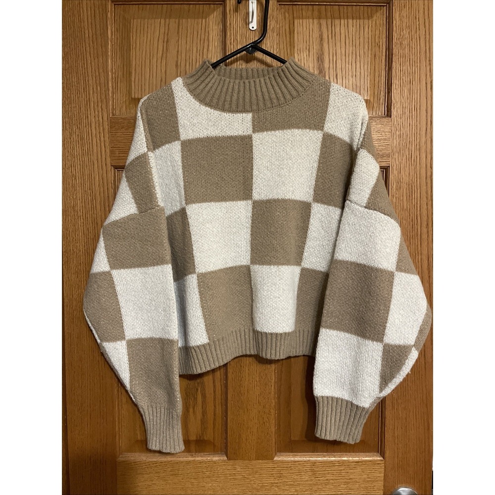 Women's Long Sleeve Checkered Print Bishop Sleeve Sweater Blu Pepper Size L